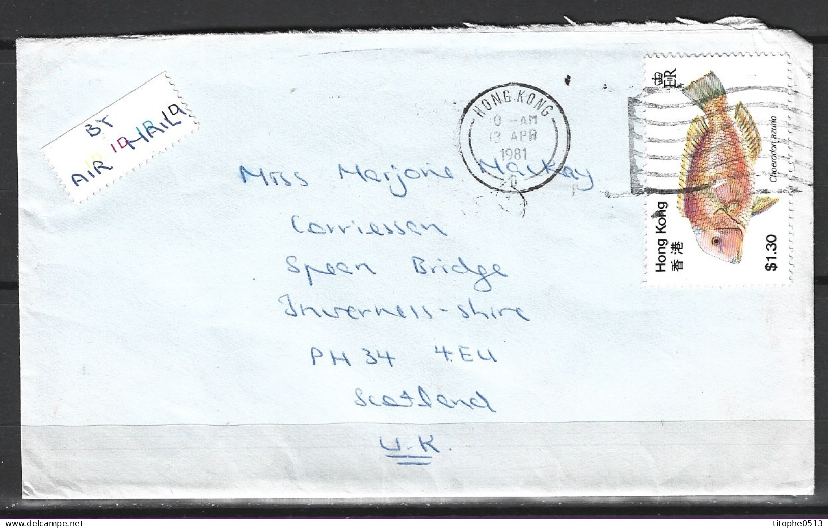 HONG KONG. N°364 De 1981 Sur Enveloppe Ayant Circulé. Poisson. - Cartas & Documentos