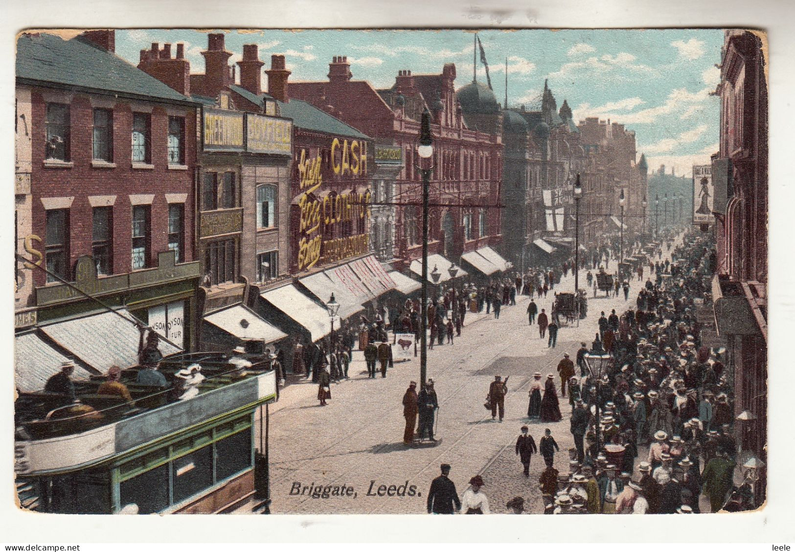 CQ06. Vintage Postcard. Briggate, Leeds. Busy Street Scene. Duplex Postmark. Bramley - Leeds