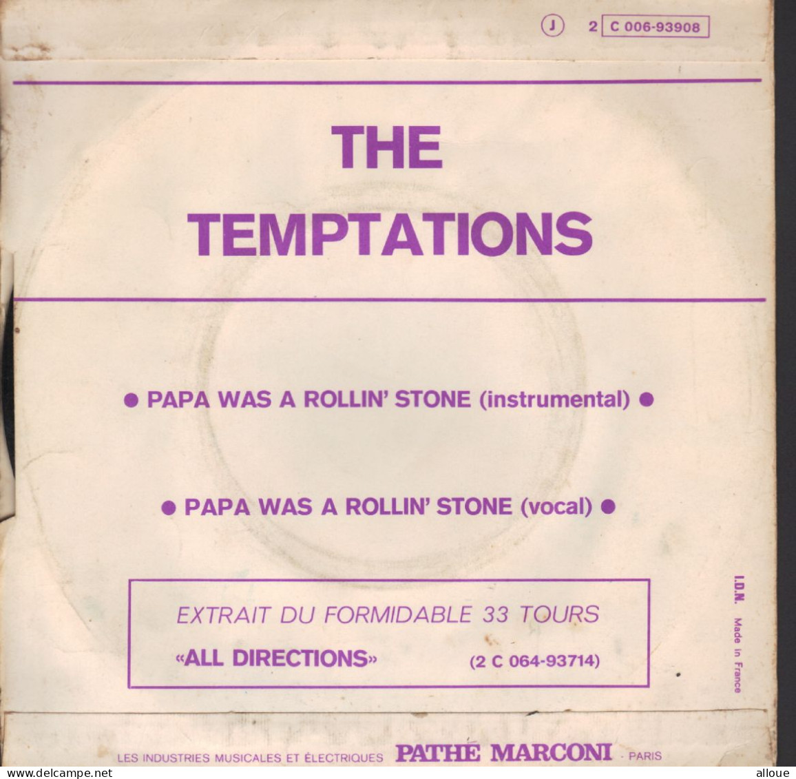 THE TEMPTATIONS - FR SP TAMLA MOTOWN - PAPA WAS A ROLLIN' STONE (INSTRUMENTAL + VOCAL) - Soul - R&B