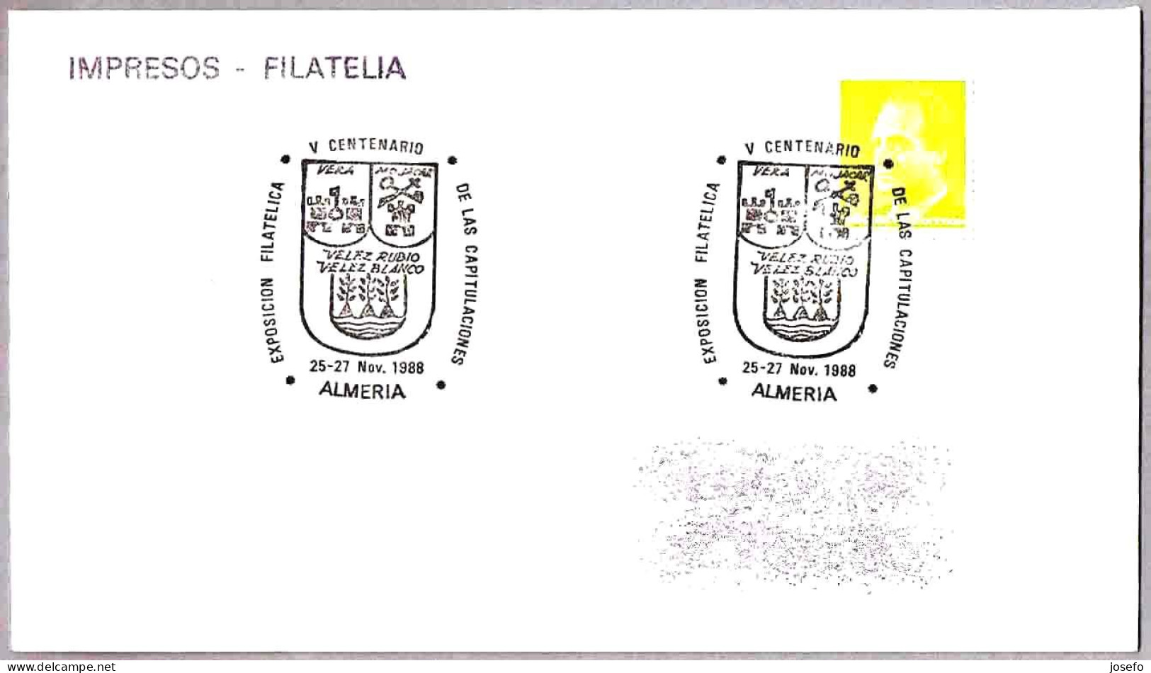 Matasellos V CENTENARIO DE LAS CAPITULACIONES. Almeria, Andalucia, 1988 - Enveloppes