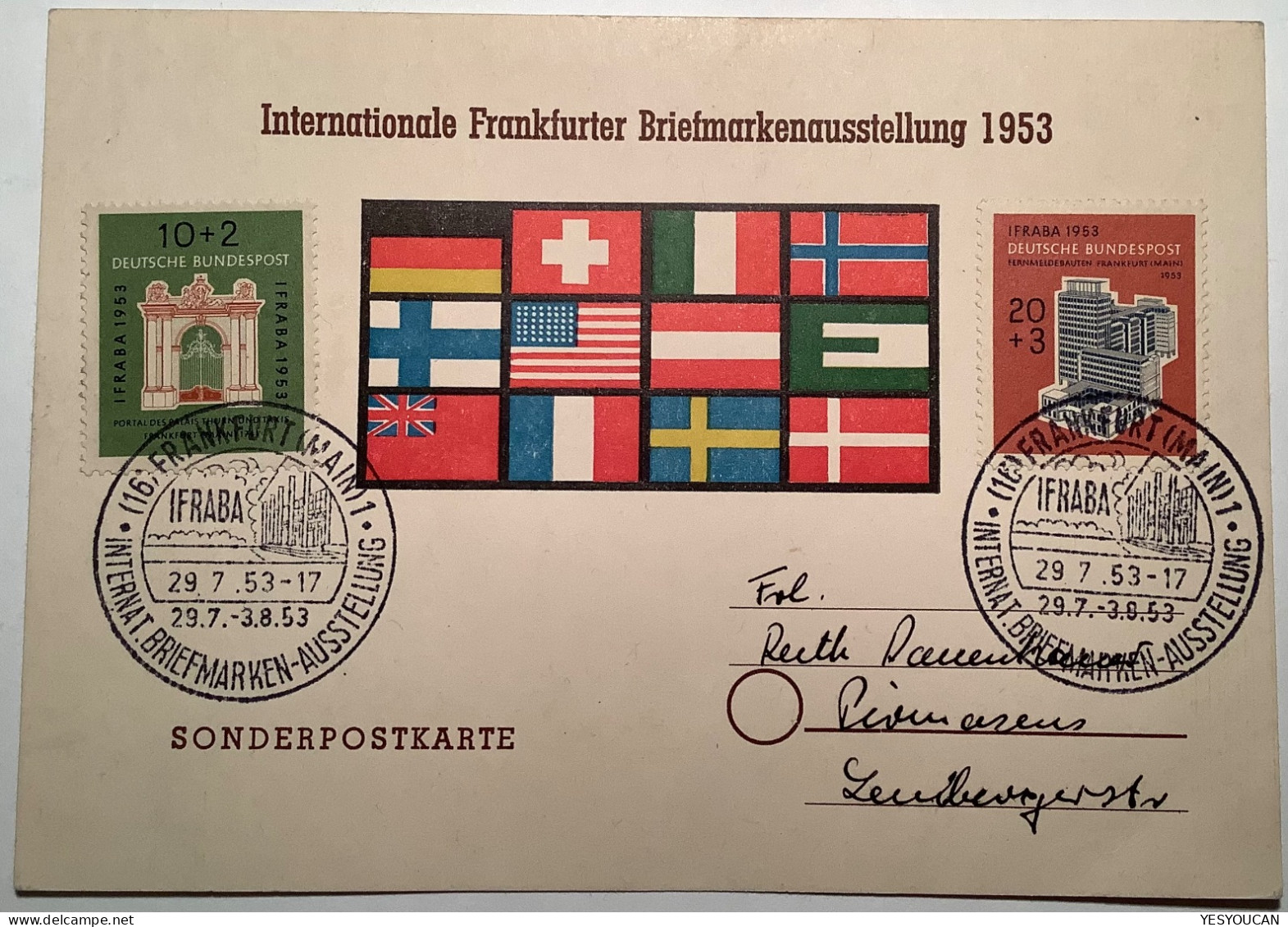 Mi-Nr. 171-172 IFRABA 1953 FDC Internationale Frankfurt Briefmarkenaustellung (RFA Bund BRD Architecture Communication - Storia Postale