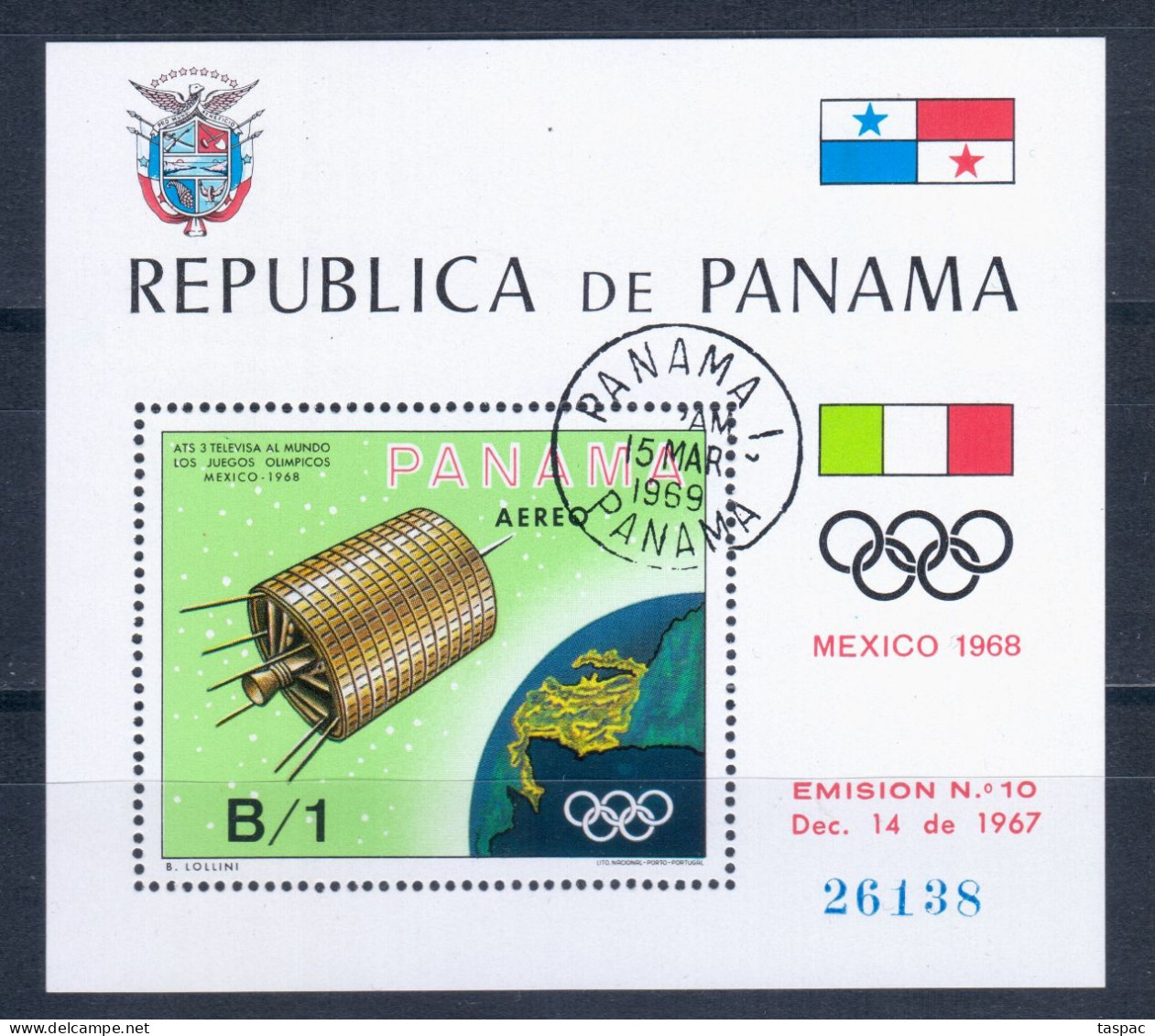 Panama 1969 Mi# Block 105 Used - Satellite Transmission Of Summer Olympics, Mexico '68 / Space - Amérique Du Nord