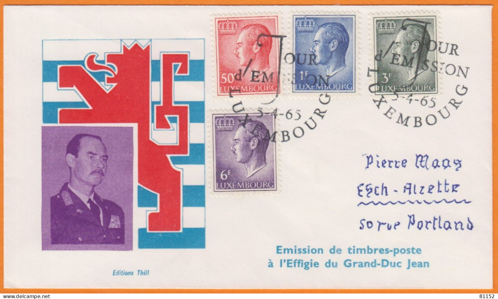 FDC  Du LUXEMBOURG  1965    Avec  4  Valeurs  50c  1.F  3.F  6.F Pour ESCH-ALZETTE - FDC