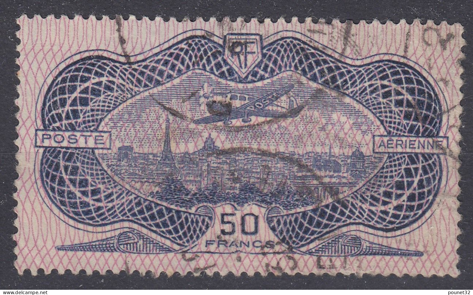 TIMBRE FRANCE POSTE AERIENNE 50F BURELE N° 15 OBLITERE ( DEFECTUEUX ) COTE 400 € - 1927-1959 Used