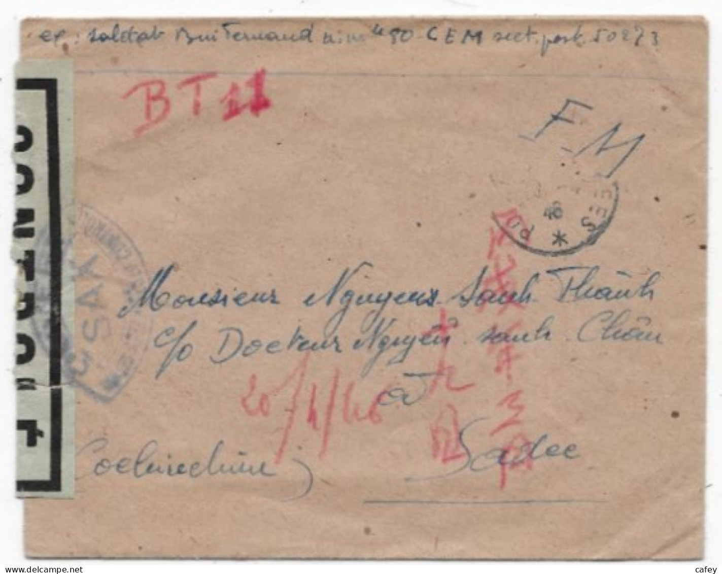 Guerre D'INDOCHINE Lettre FM 1946 Secteur Postal 50273 (verso VINH-LONG) P/ SADEC Censure SAX - Guerra De Indochina/Vietnam