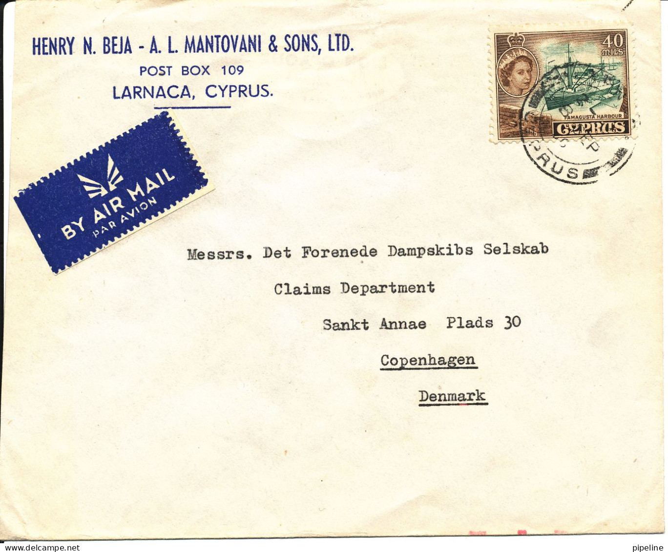 Cyprus Cover Sent Air Mail To Denmark 8-9-1956 Single Franked - Briefe U. Dokumente