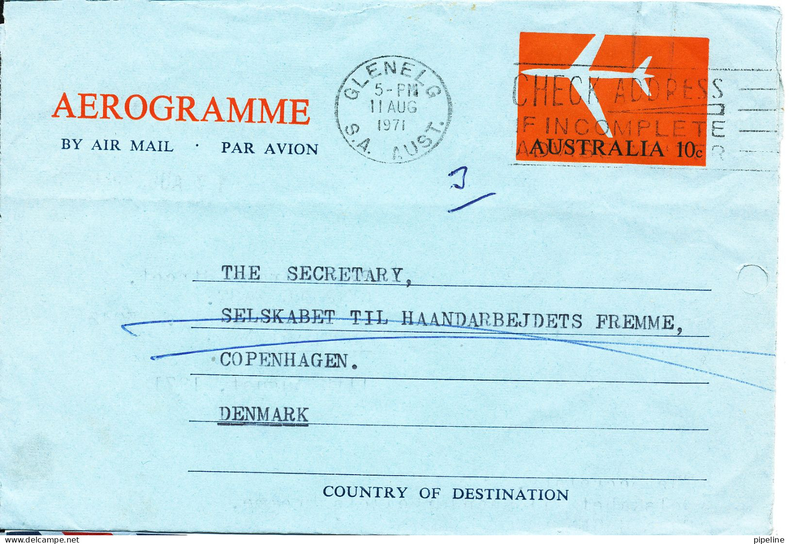 Australia Aerogramme Sent To Denmark Glenelg 11-8-1971 With Archive Holes - Aérogrammes