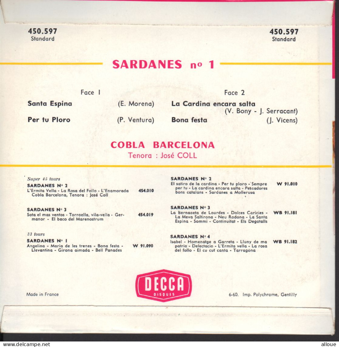 SARDANES N° 1 FR EP - SANTA ESPINA + 3 PAR COBLA BARCELONA AVEC JOSE COLL - Wereldmuziek