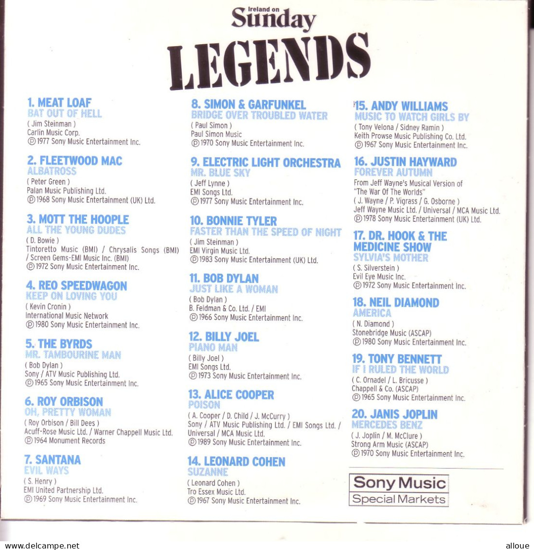 LEGENDS  - CD IRELAND ON SUNDAY  - POCHETTE CARTON 20 TITRES FEAT : MEAT LOAF, FLEETWOOD MAC, BOB DYLAN AND MORE - Otros - Canción Inglesa