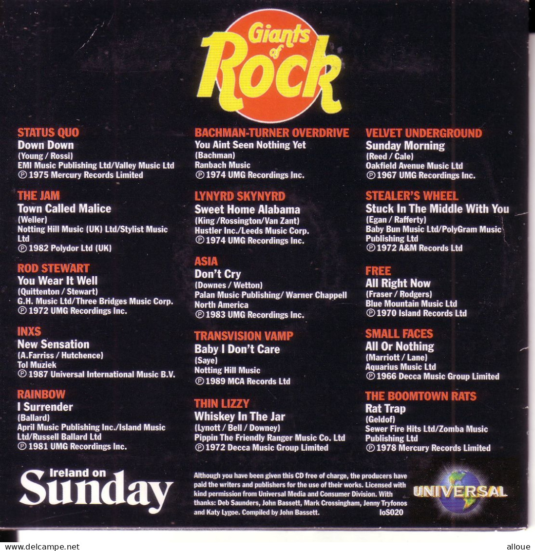 GIANTS OF ROCK - CD IRELAND ON SUNDAY  - POCHETTE CARTON 15 TITRES FEAT : SATUS QUO, SMALL FACES, FREE AND MORE - Other - English Music