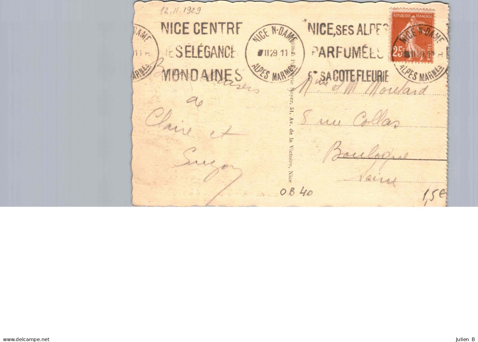 Nice, Quai Des Etats-Unis Et Palais De La Jetée, 12 Janvier 1929, Flamme Postale, Timbre 25c - Squares