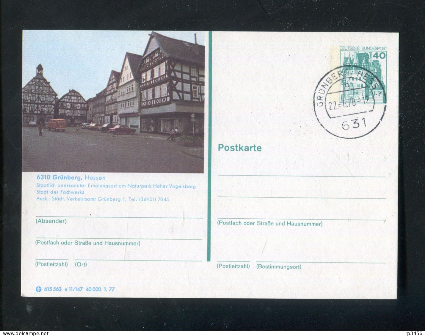 "BUNDESREPUBLIK DEUTSCHLAND" 1977, Bildpostkarte Mit Bildgleichem Stempel Ex "GRUENBERG" (R0129) - Cartes Postales Illustrées - Oblitérées