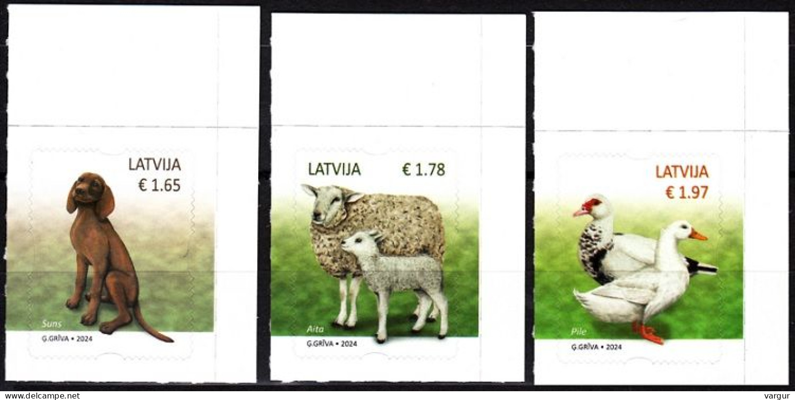 LATVIA 2024-01 FAUNA: Domestic Animals. Dog Sheep Goose. CORNER, Mint Self-adhesive - Fattoria