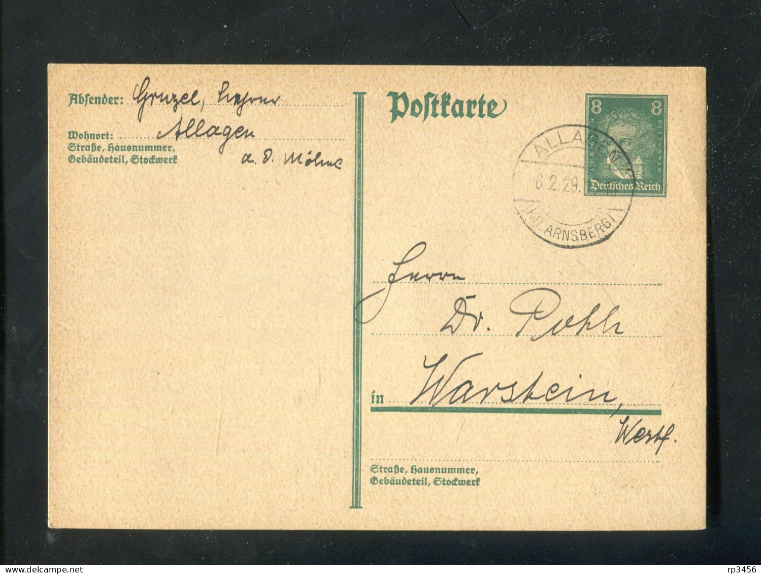 "DEUTSCHES REICH" 1929, Postkarte Mit Stegstempel "ALLAGEN (KR. ARNSBERG)" (R0133) - Briefkaarten