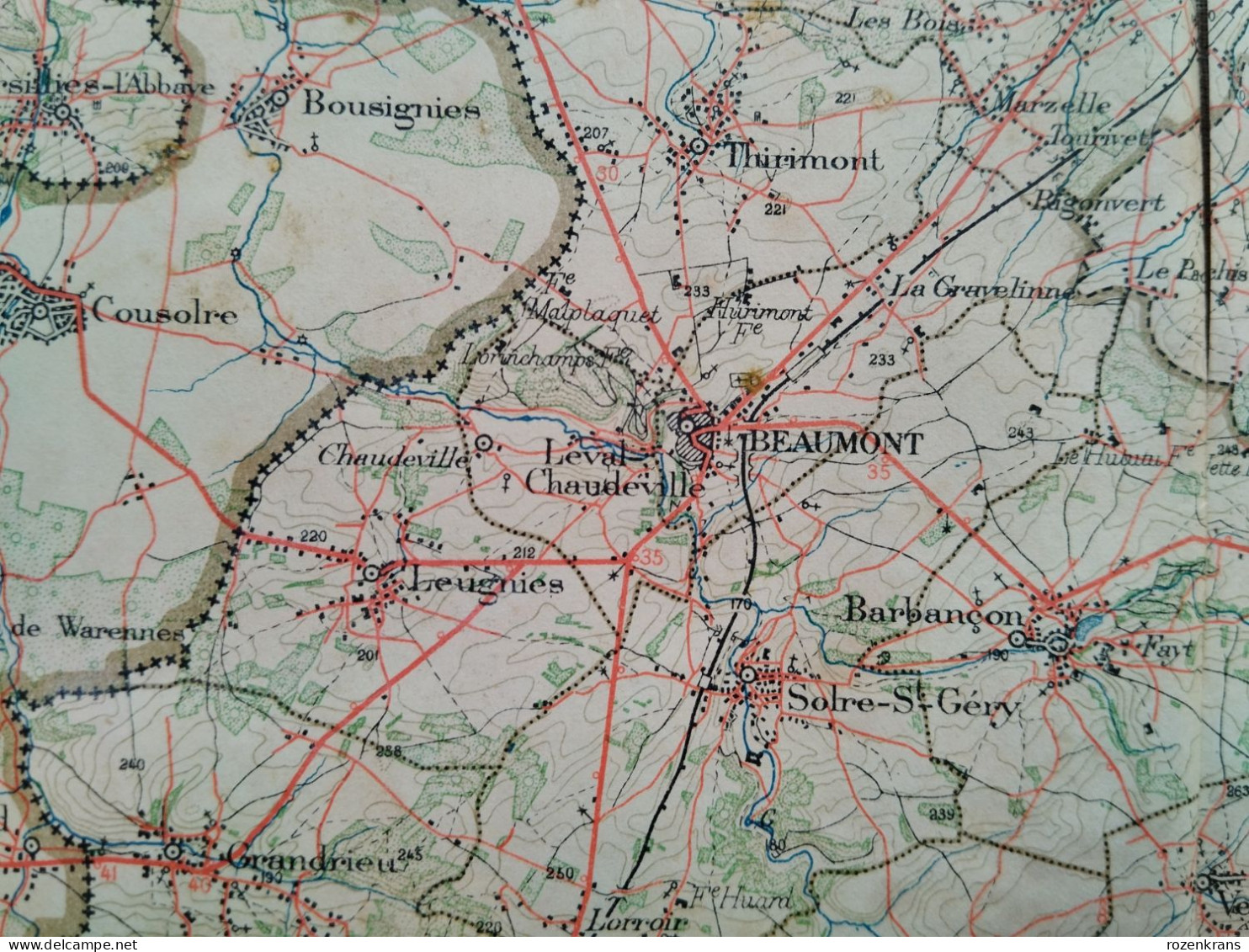 Carte topographique toilée militaire STAFKAART 1894 Thuin Cerfontaine Philippeville Walcourt Nalinnes Florennes Beaumont