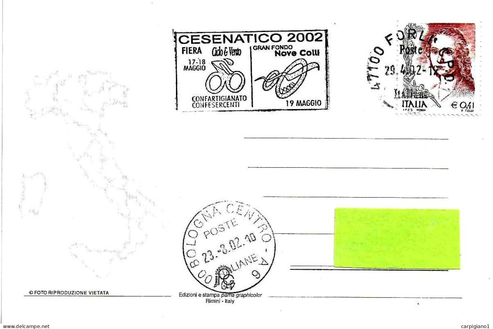 ITALIA ITALY - 2002 FORLI' Cesenatico Fiera Ciclo & Vento, Gran Fondo Nove Colli Ciclismo - Targhetta Su Cartolina -9073 - 2001-10: Poststempel