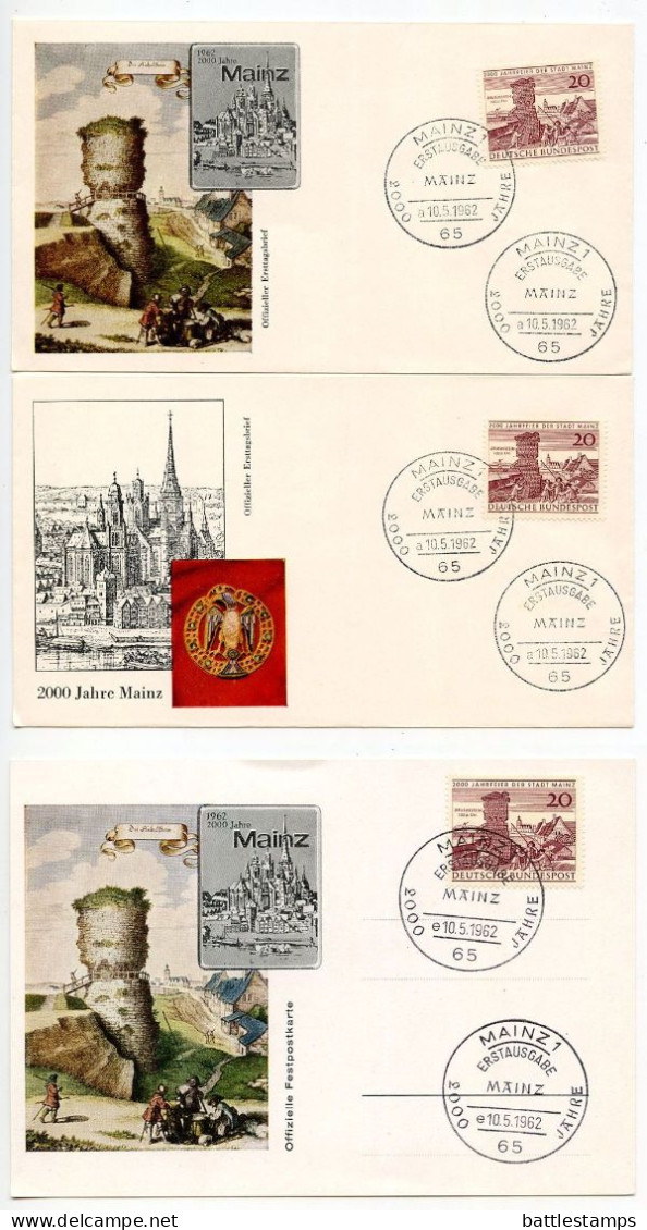 Germany, West 1962 3 FDCs Scott 848 Mainz 2000th Anniversary - 1961-1970