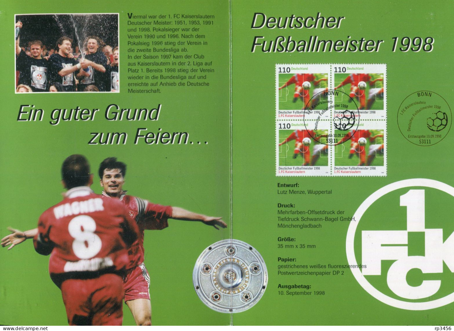 "BUNDESREPUBLIK DEUTSCHLAND" 1998, Folder Der Deutschen Post Mit Ausgabe "1. FC Kaiserslautern" (R0142) - Club Mitici