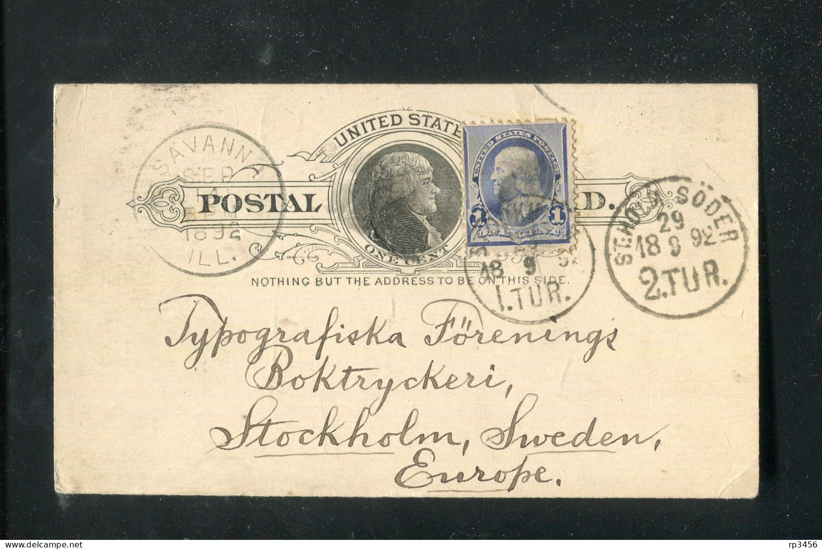 "USA" 1892, Postkarte Mit Zusatzfrankatur Nach Schweden (R0144) - ...-1900