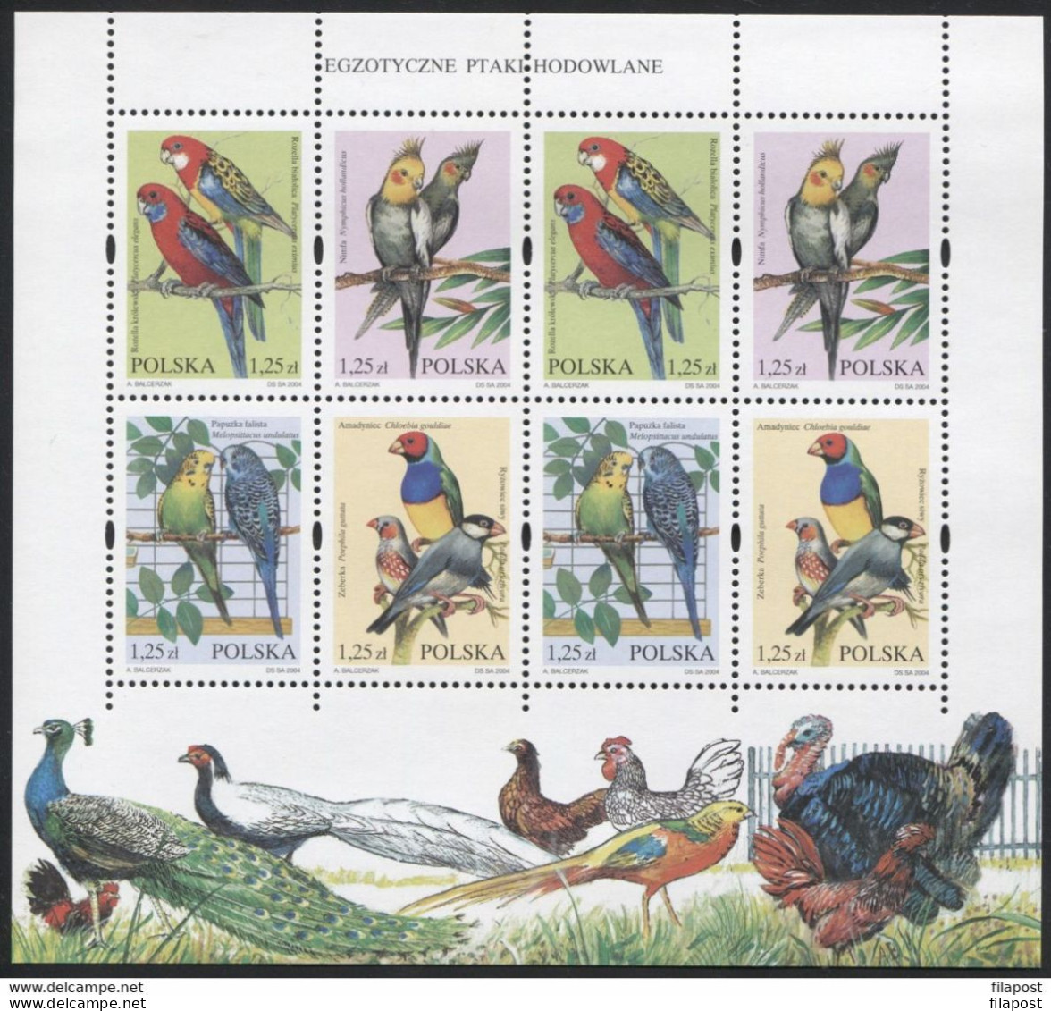 Poland 2004 Mi 4117-4120 Exotic Breed Birds, Animals, Platycerus, Nymphs, Budgerigars, Amadyna, Parrot, Full Sheet MNH** - Papagayos