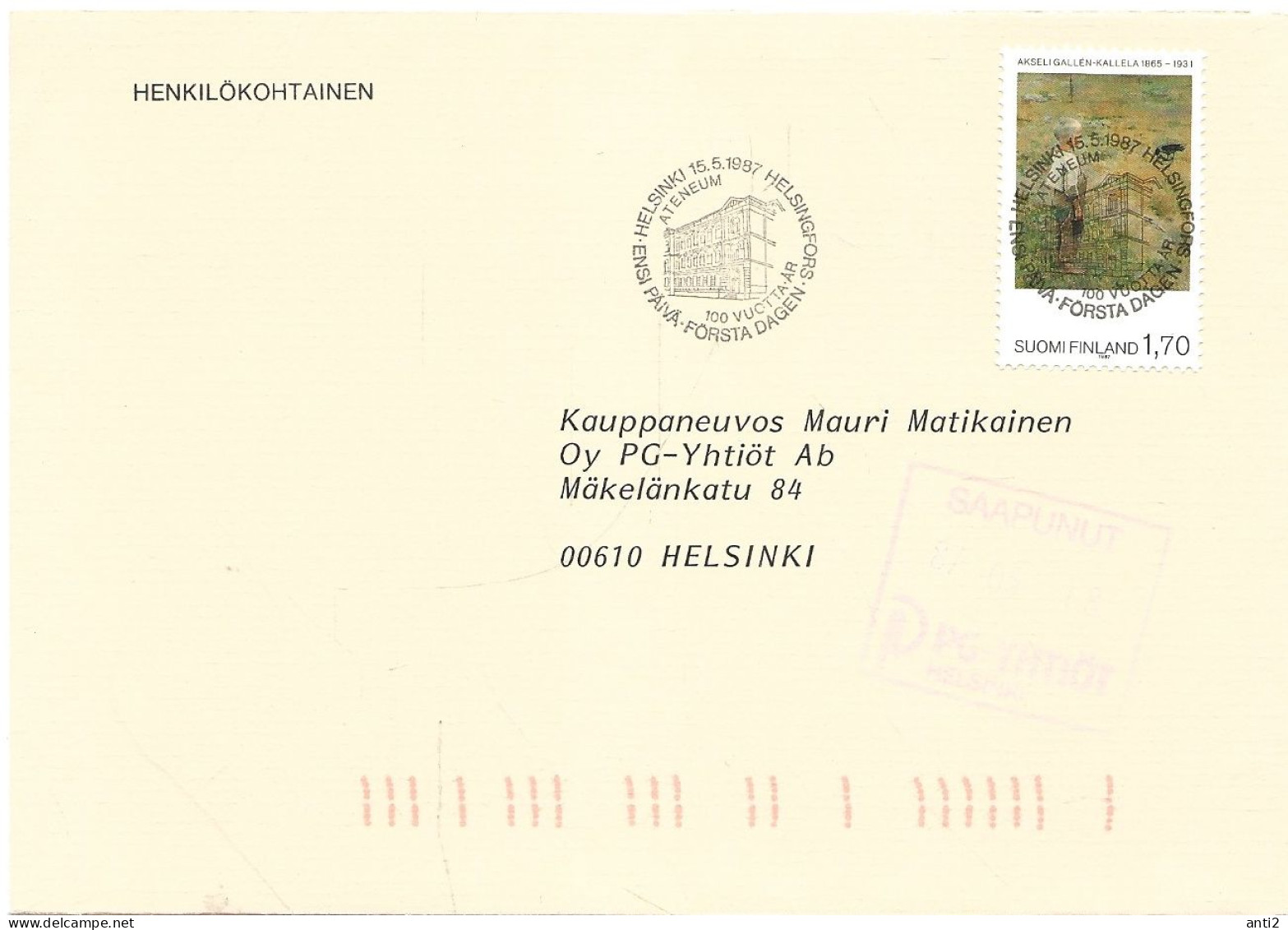 Finland 1987  Paintings, Art Museum "Ateneum" 100 Years Anniversary  Mi 1026 - FDC - Lettres & Documents