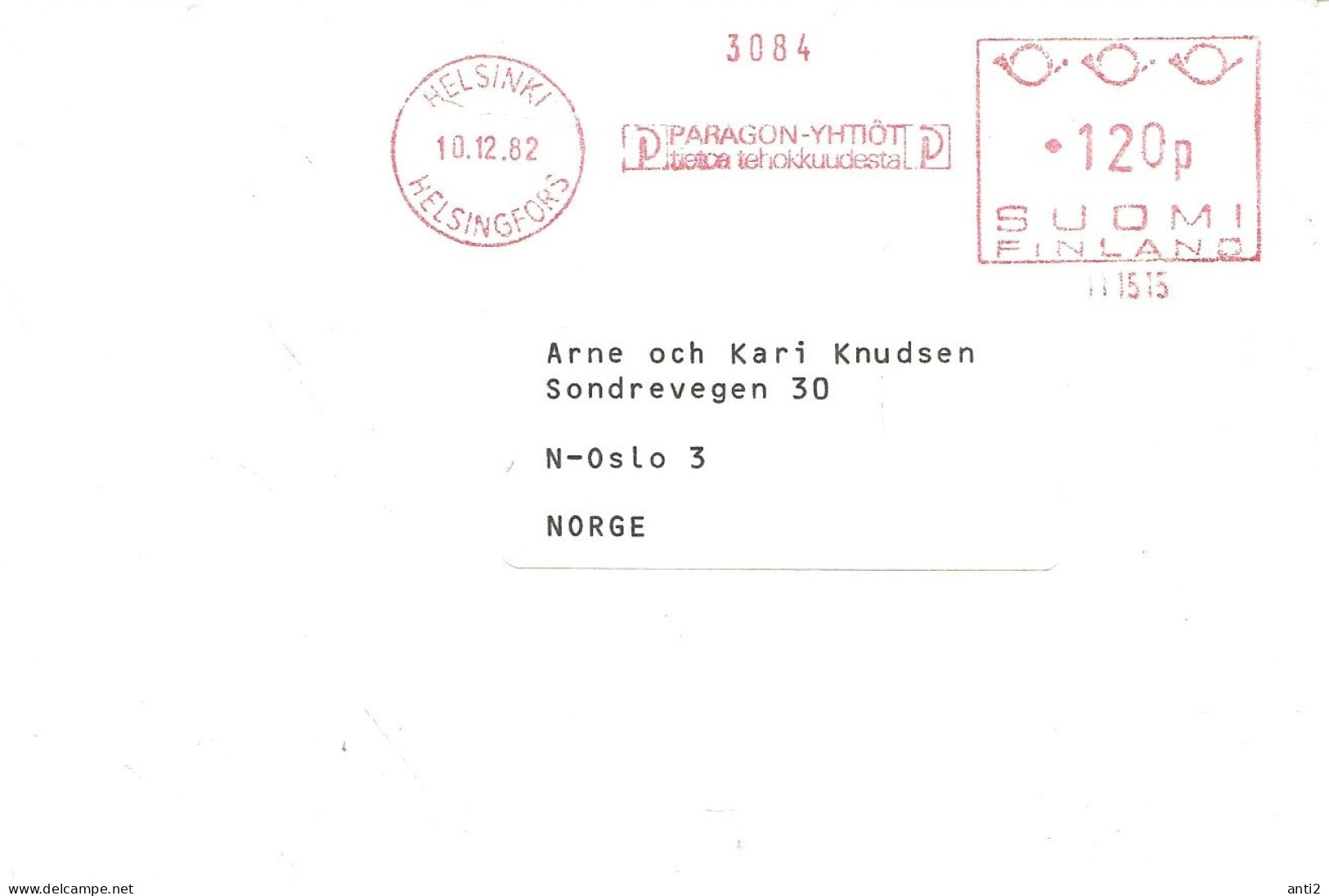 Finland 1982  Cover With Cancellation Label  No 3034  Paragon    120p  Cancelled 18.12.82 - Unused Stamps