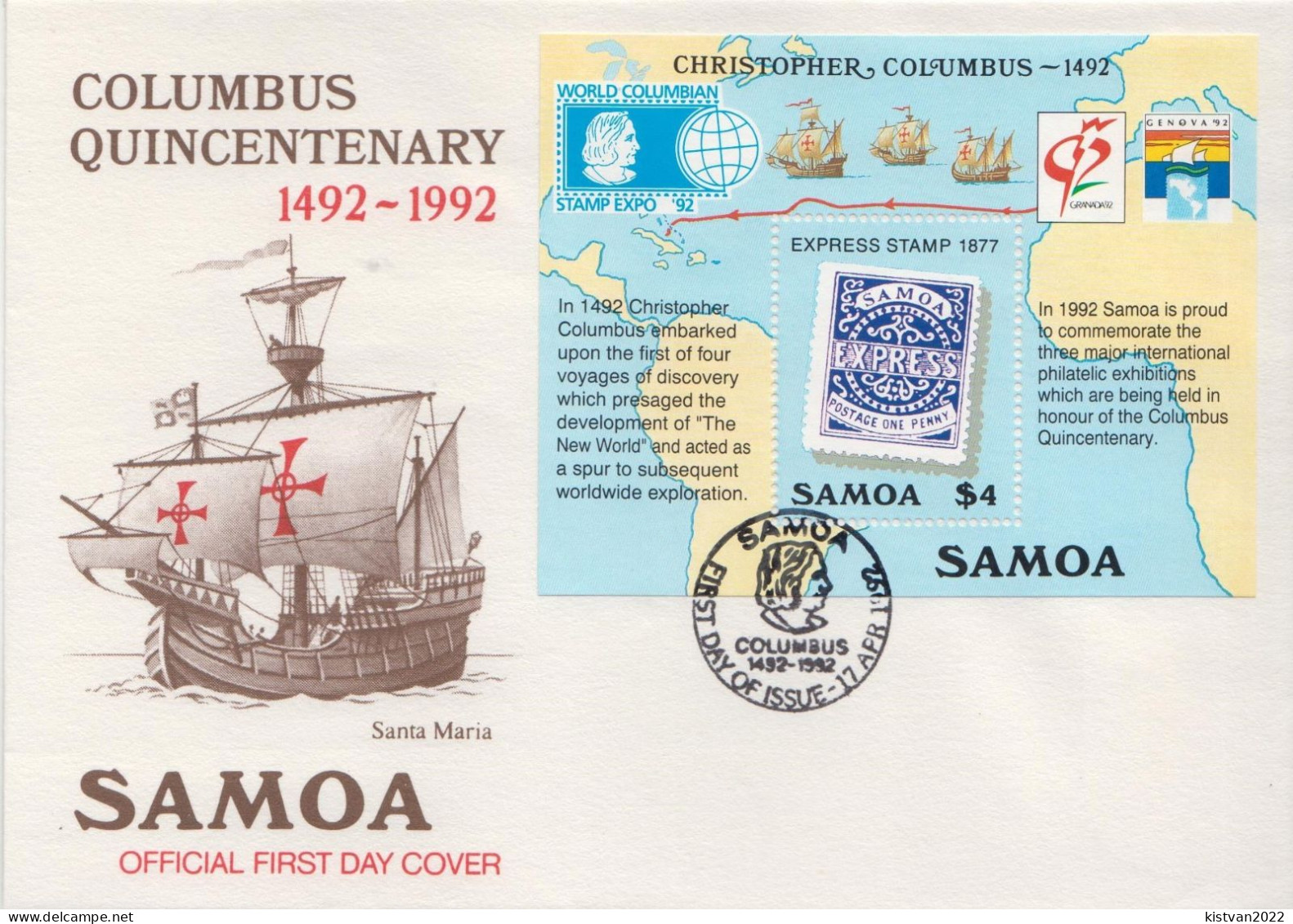 Samoa SS On FDC - Christopher Columbus