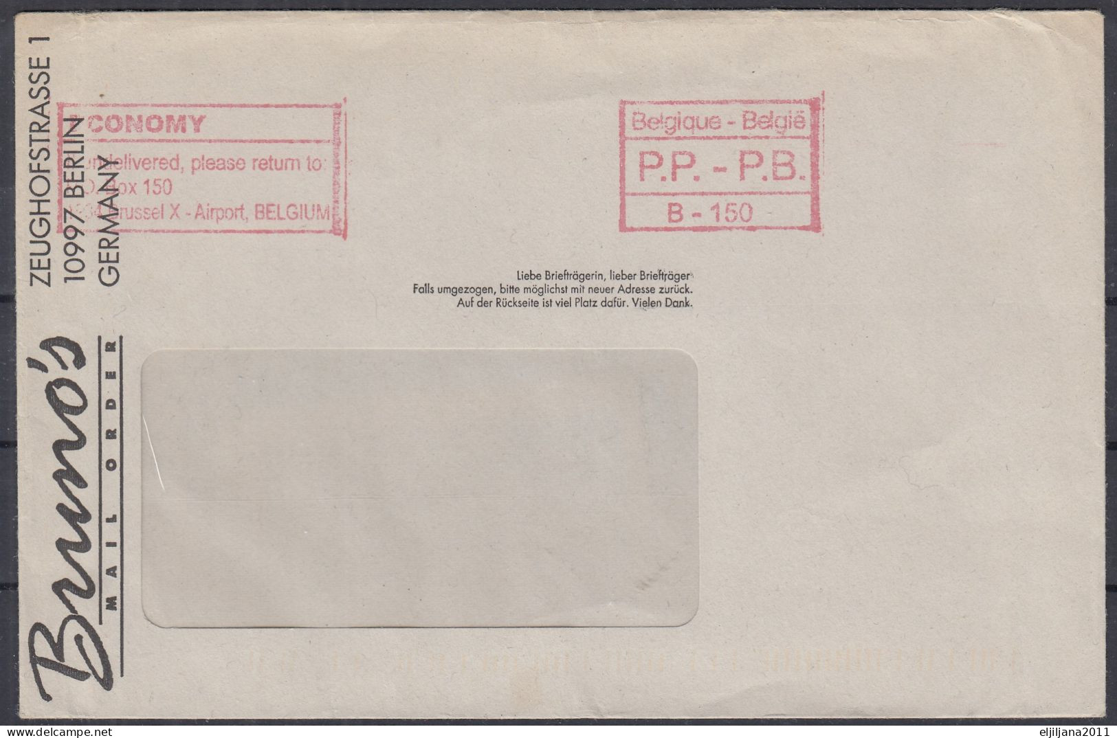 ⁕ Belgium / Belgique ⁕ Old Envelope With A Window P.P. - P.B. ⁕ Stationery Cover Mail Order Germany - Covers