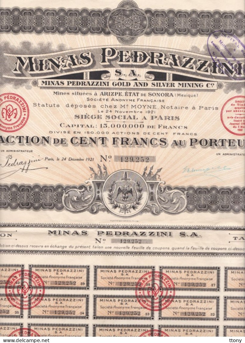 5 Actions Minas Mines Pedrazzini  Minas  Gold  à Arizpe  état De Sonora Mexique  Année 1921 - Mines