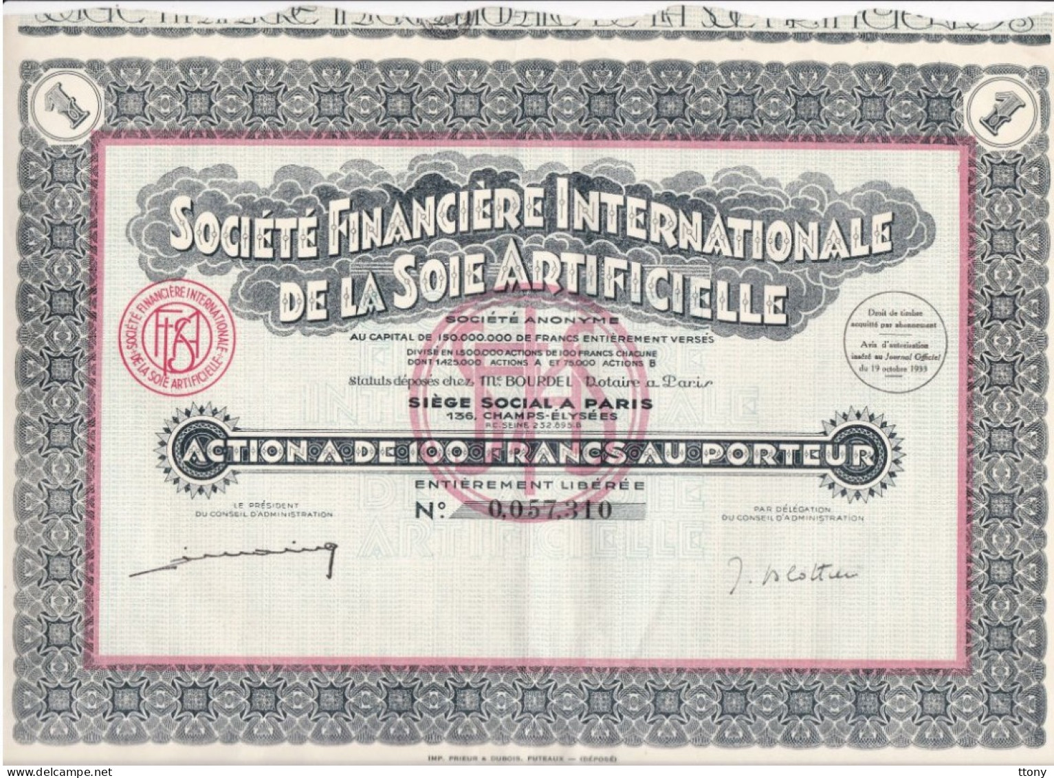 5 Actions  Société  Financière Internationale  De La Soie Artificielle    4 Coupons  Restants Sur Chaque Feuilles - Textiel