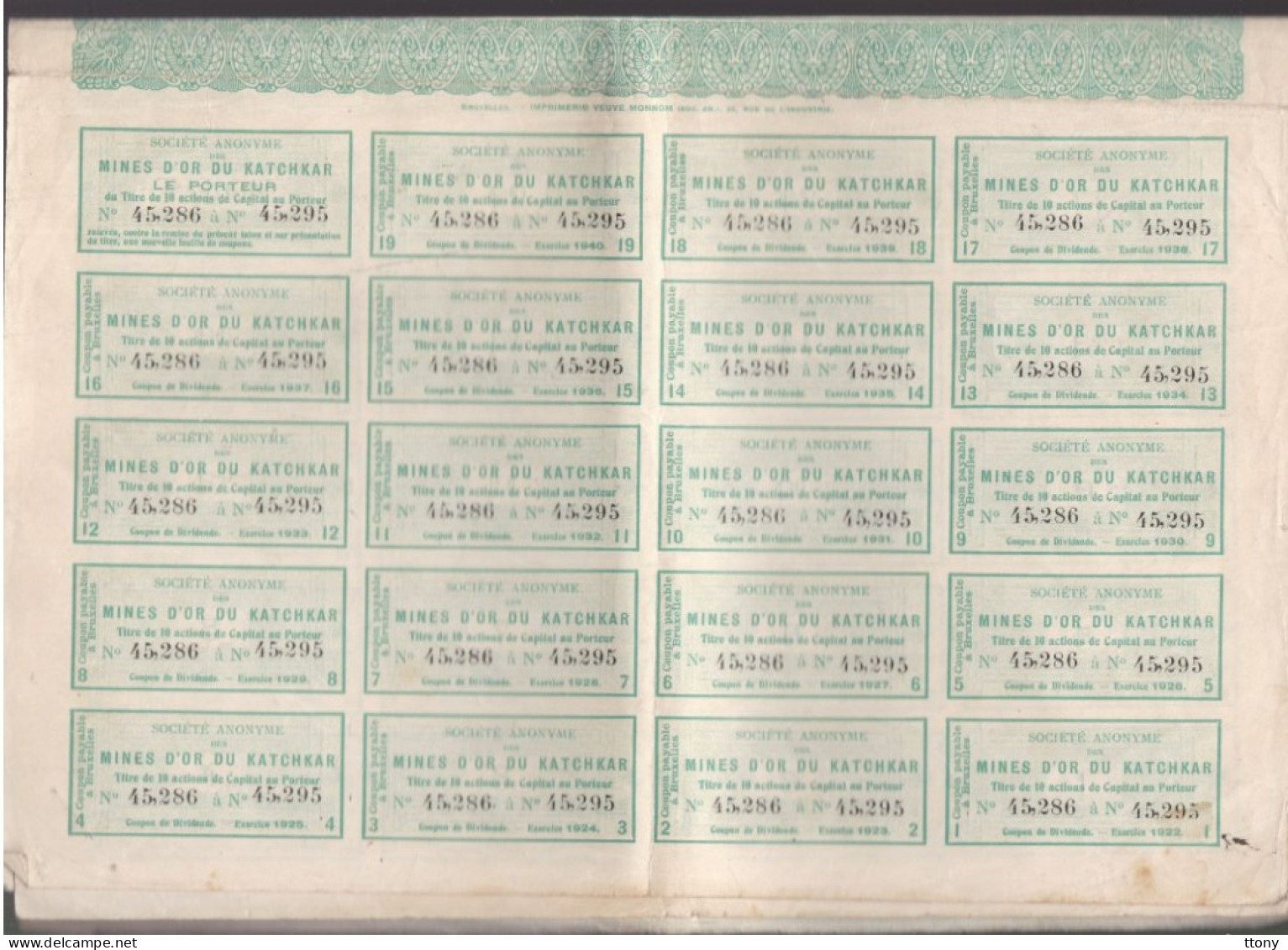 1 Action   Mines D'or Du Katchkar     Actions De 100 Francs Au Porteur    Année 1923 - Mines