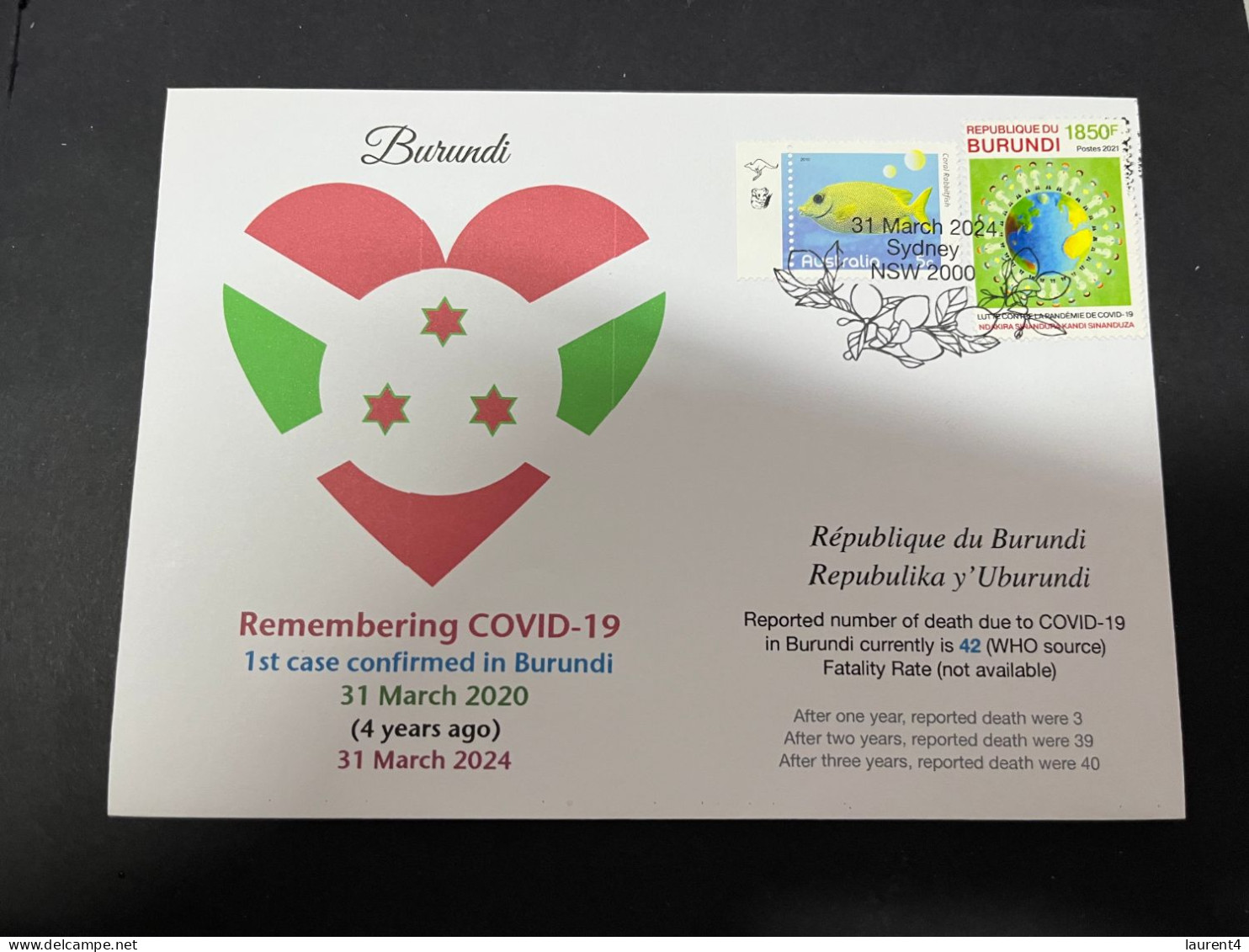 31-3-2024 (4 Y 33) COVID-19 4th Anniversary - Burundi - 31 March 2024 (with Burundi COVID-19 Stamp) - Enfermedades