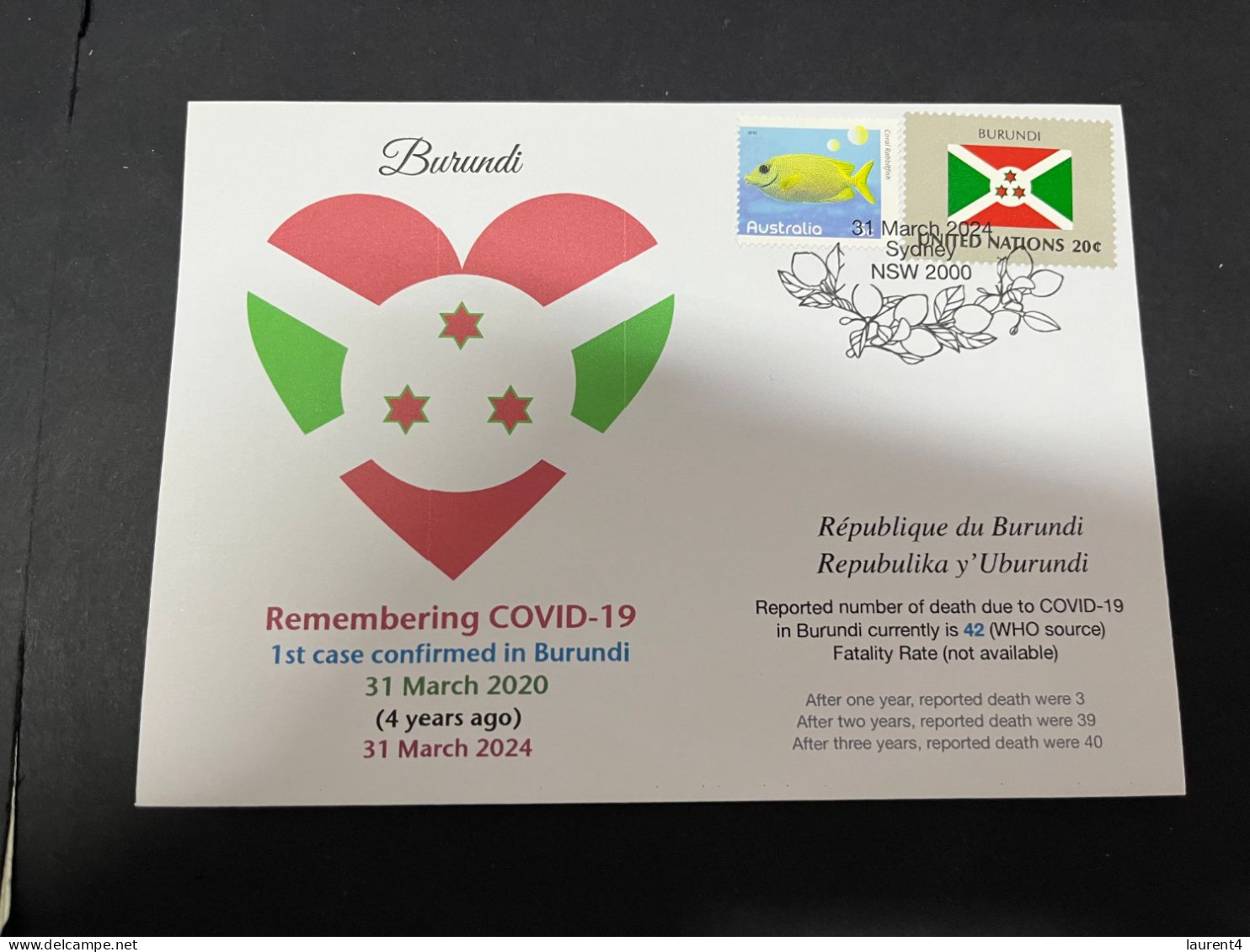 31-3-2024 (4 Y 33) COVID-19 4th Anniversary - Burundi - 31 March 2024 (with Burundi UN Flag Stamp) - Enfermedades