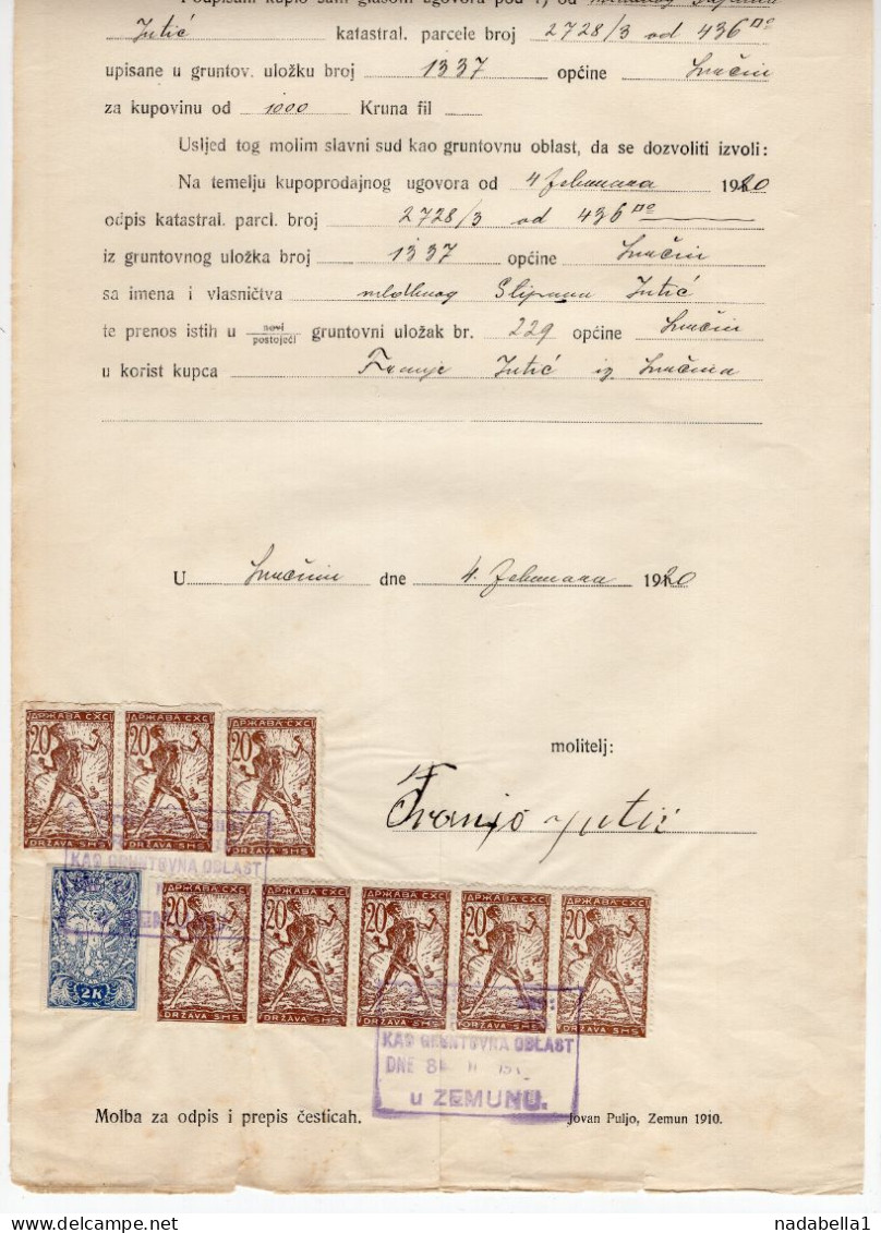 1920. KINGDOM OF SHS,ZEMUN REGIONAL COURT,CONTRACT,POSTAL STAMP AS REVENUE,CHAIN BREAKERS,VERIGARI - Covers & Documents