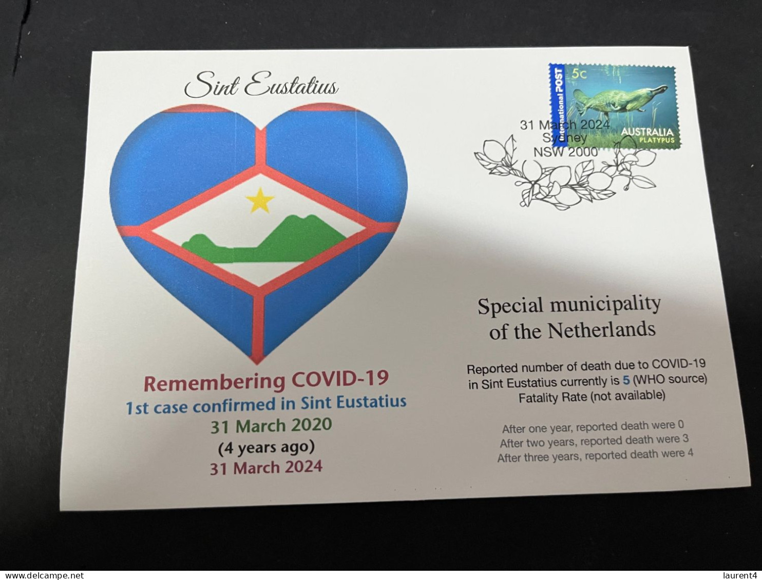 31-3-2024 (4 Y 33) COVID-19 4th Anniversary - Sint Eustatius (Netherlands) - 31 March 2024 (with OZ Stamp) - Enfermedades