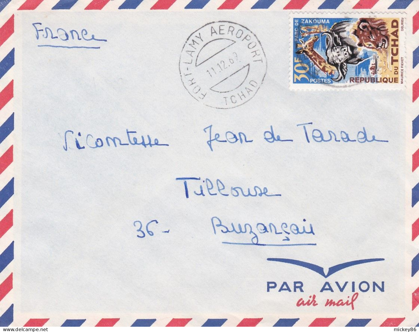TCHAD--1969--Lettre De FORT-LAMY AEROPORT Pour BUZANCAIS-36(France)--tp Parc De Zakouma Seul Sur Lettre....cachet - Tschad (1960-...)