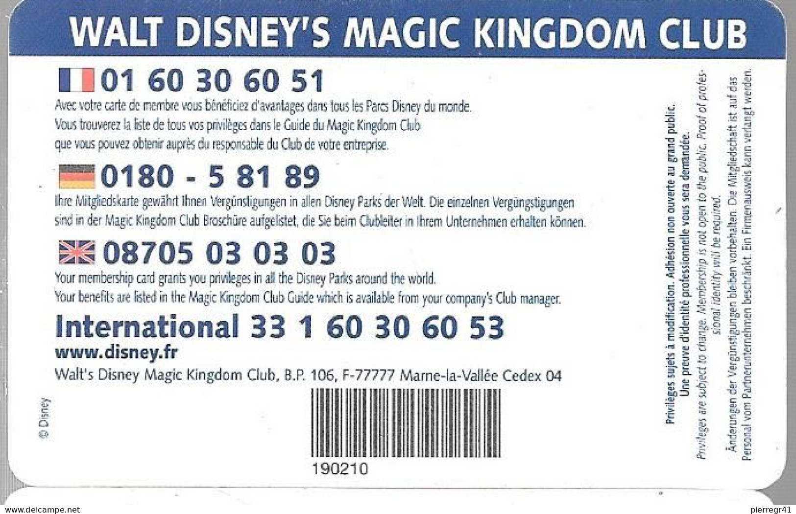 DISNEYLAND-MAGIC KINGDOM CLUB-CARTE MEMBRE-2002-France Telecom-TBE/RARE - Toegangsticket Disney