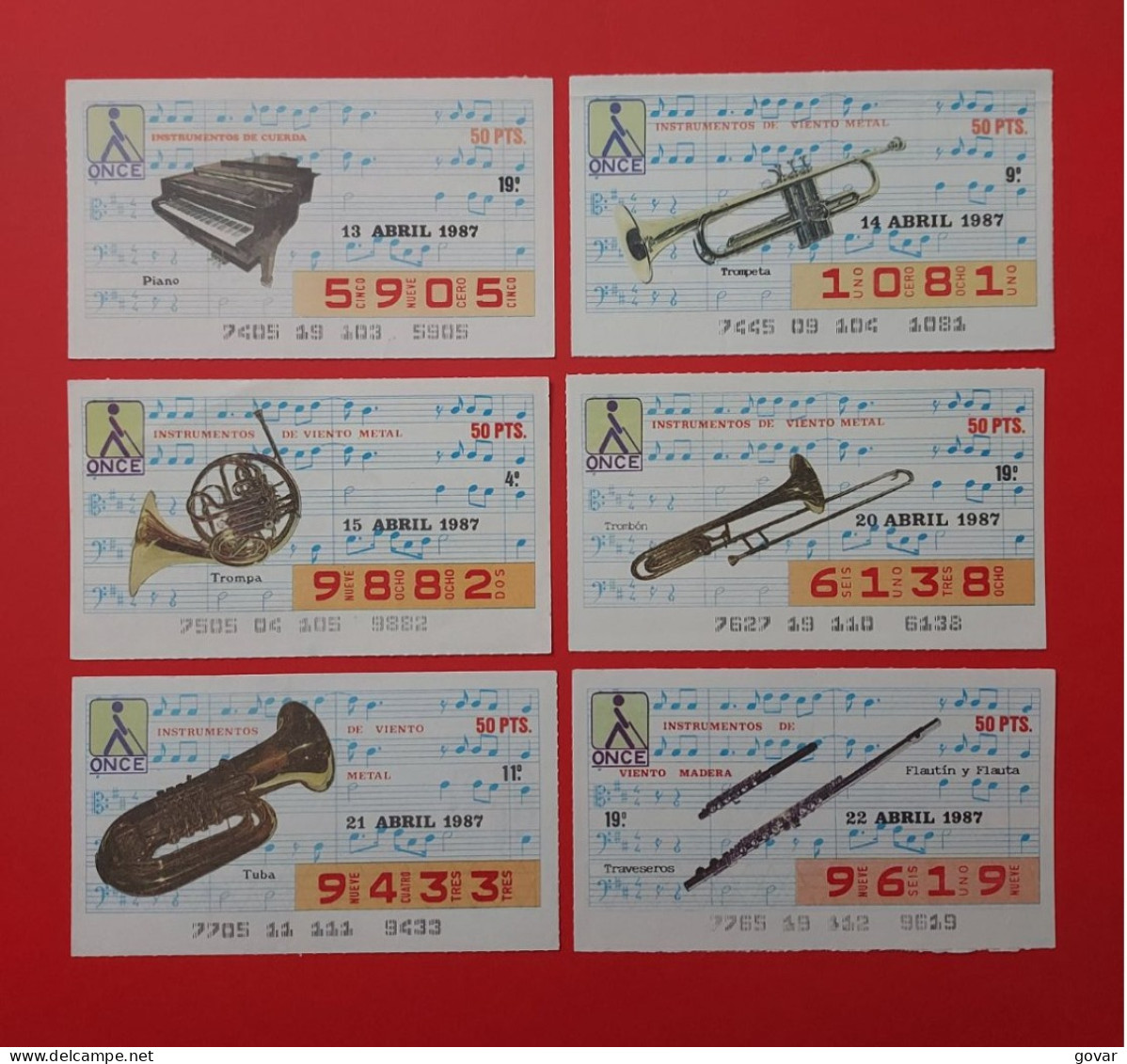 6 CUPONES ONCE SPANISH LOTTERI AÑO 1987 TEMA (INSTRUMENTOS MUSICALES) ESTADO BUENOS - Lottery Tickets