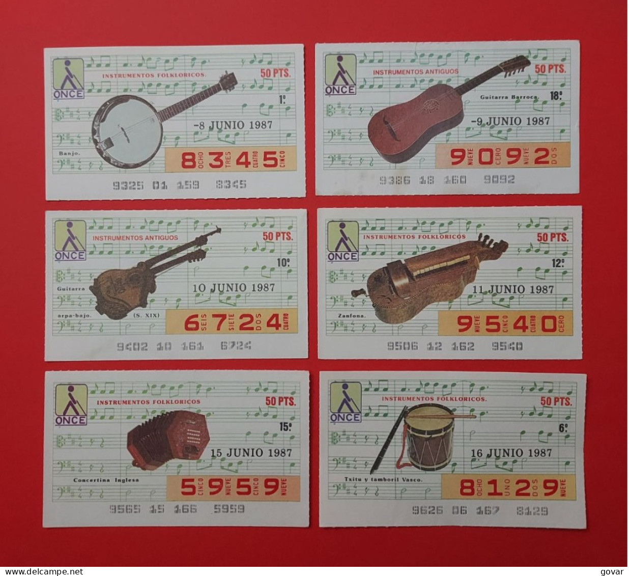 6 CUPONES ONCE SPANISH LOTTERI AÑO 1987 TEMA (INSTRUMENTOS MUSICALES) ESTADO BUENOS - Lottery Tickets