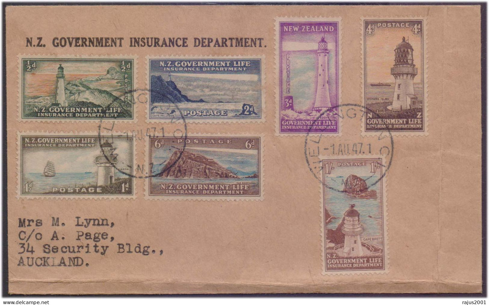 N.Z. Government Life Insurance Department. Lighthouse, New Zealand 1947 Official FDC - Dienstzegels