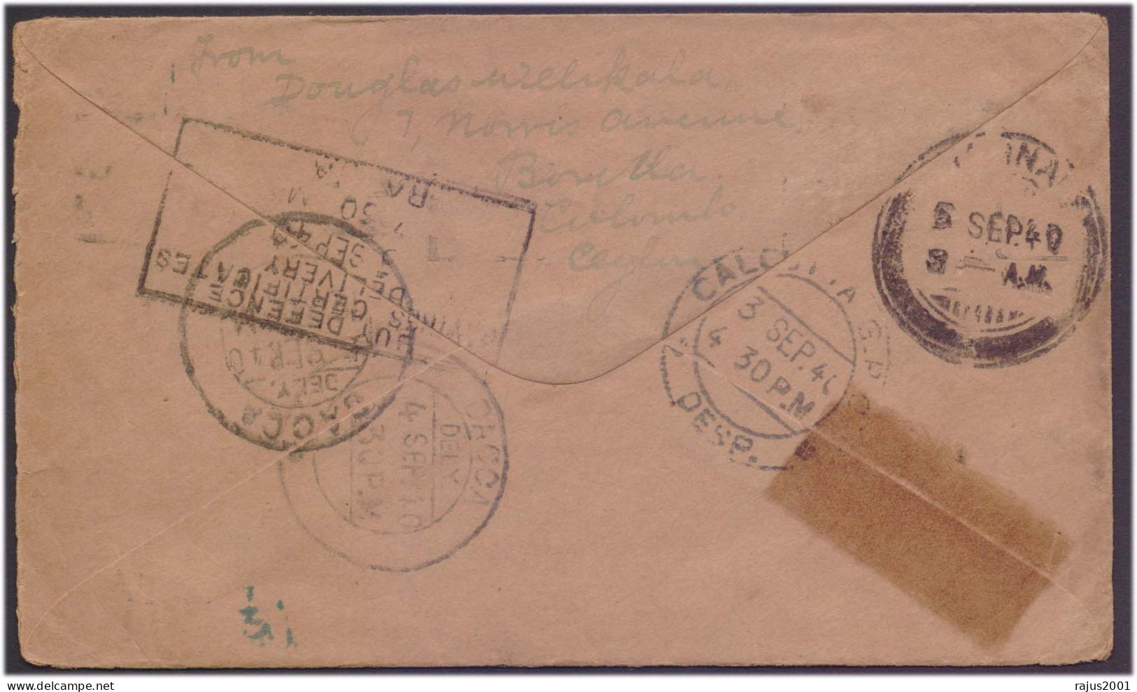 Ceylon 1940 Colombo To Bengal India Censored Passed, BUY DEFENCE CERTIFICATE DELIVERY POSTMARK Circulated Cover As Scan - Sri Lanka (Ceylon) (1948-...)