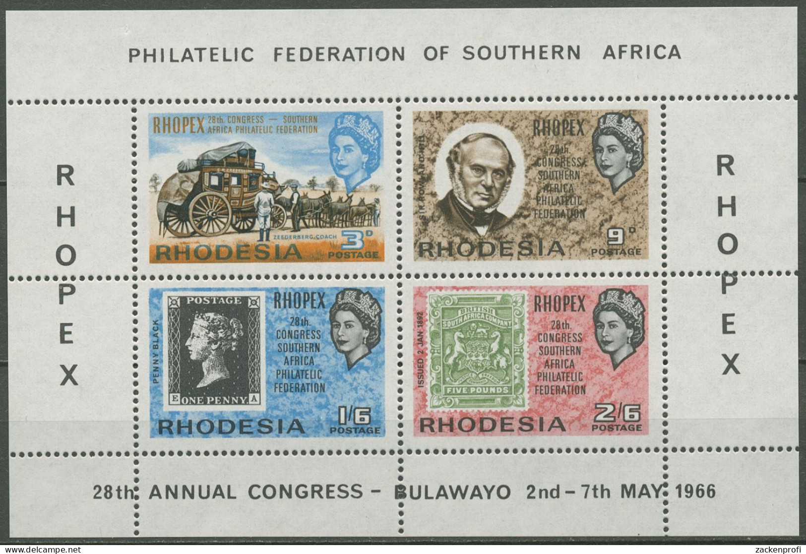 Rhodesien 1966 RHOPEX Block 1 (B, Rand Oben Ungezähnt) Postfrisch (C40207) - Rhodesien (1964-1980)