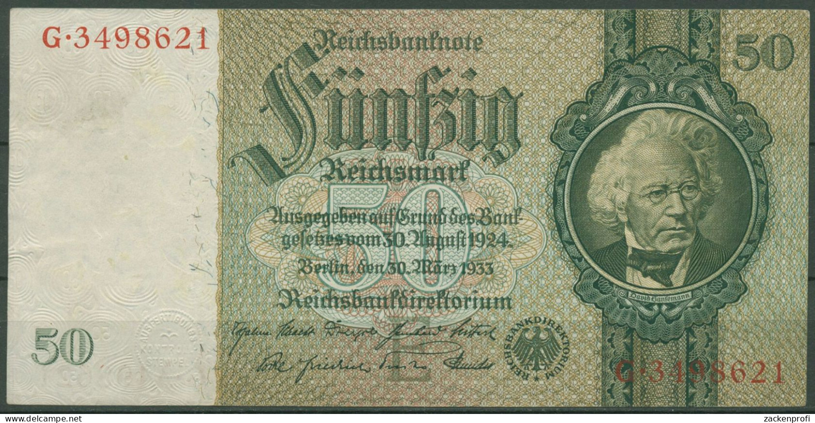 Dt. Reich 50 Reichsmark 1933 Serie E/G, Ro 175 A Leicht Gebraucht (K997) - 50 Reichsmark