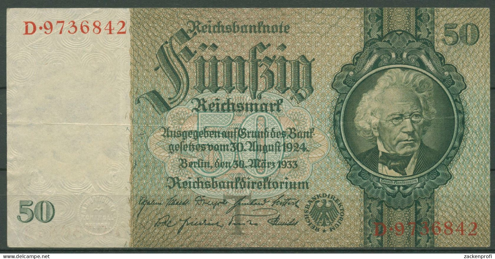 Dt. Reich 50 Reichsmark 1933 Serie T/D, Ro 175 A Gebraucht (K1004) - 50 Reichsmark