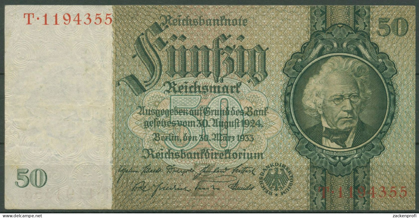 Dt. Reich 50 Reichsmark 1933 Serie Z/T, Ro 175 A Gebraucht (K998) - 50 Reichsmark