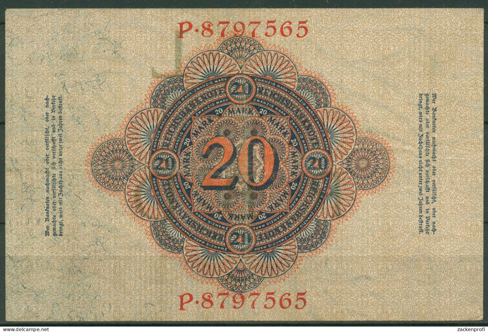 Dt. Reich 20 Mark 1914, DEU-41b Serie L/P, Leicht Gebraucht (K1554) - 20 Mark