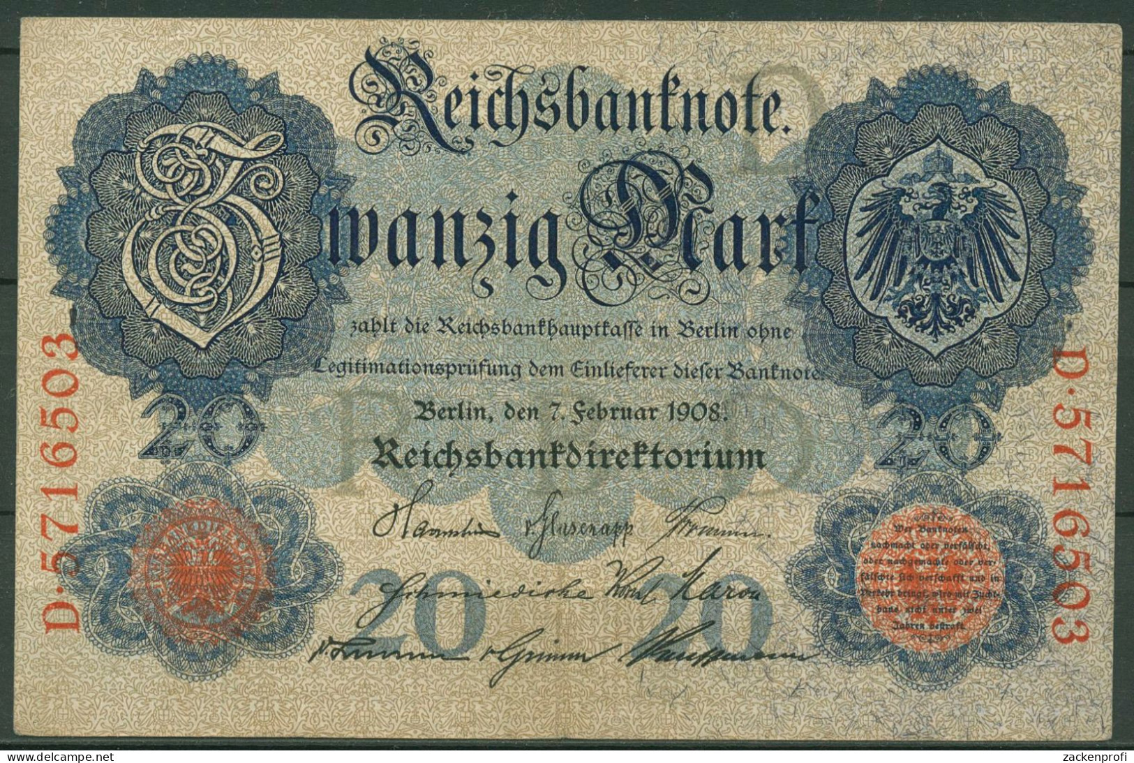 Dt. Reich 20 Mark 1908, DEU-29, Leicht Gebraucht (K1559) - 20 Mark