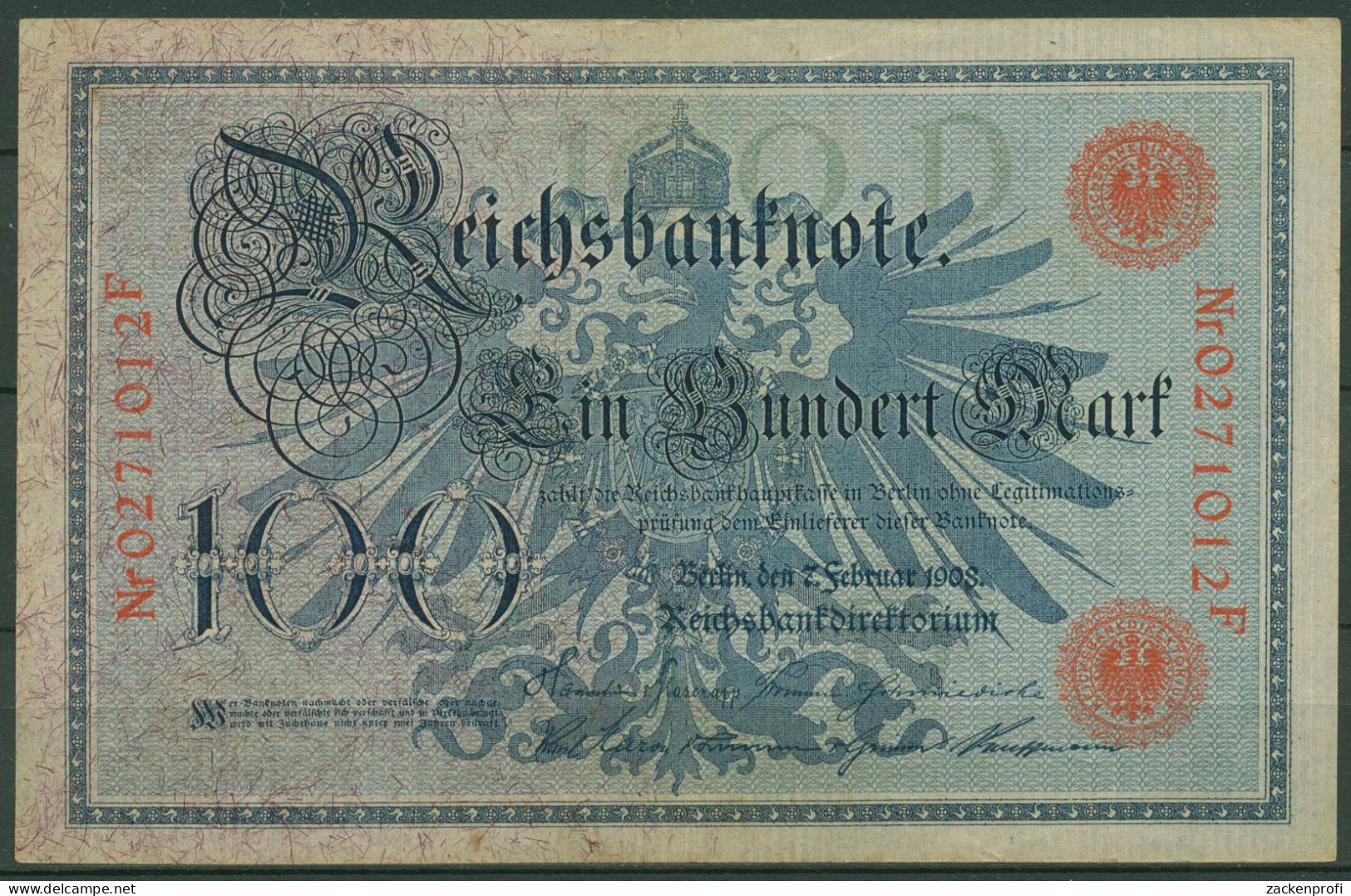 Dt. Reich 100 Mark 1908, DEU-31b Serie D/F, Leicht Gebraucht (K1545) - 100 Mark