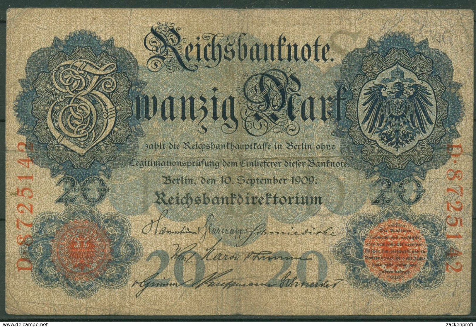 Dt. Reich 20 Mark 1909, DEU-34, Stark Gebraucht (K1557) - 20 Mark