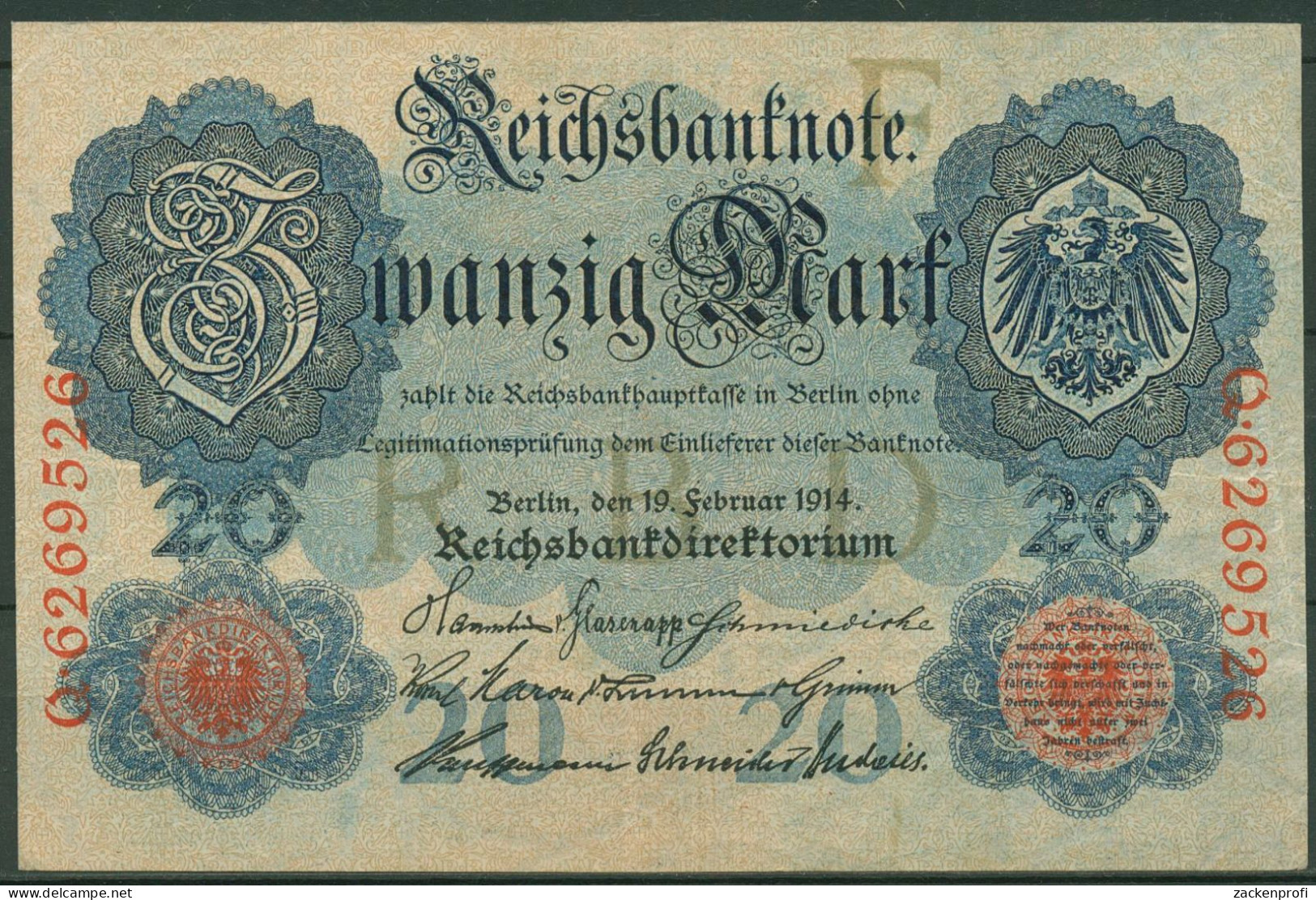 Dt. Reich 20 Mark 1914, DEU-41b Serie F/Q, Leicht Gebraucht (K1553) - 20 Mark